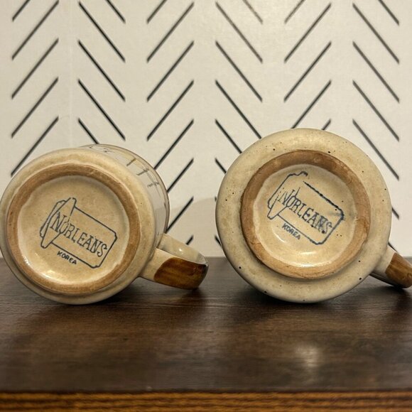 Vintage 2 NORLEANS Stoneware Speckled Mugs Hand Painted Yellow Flower Lemon 70's - Picture 4 of 8